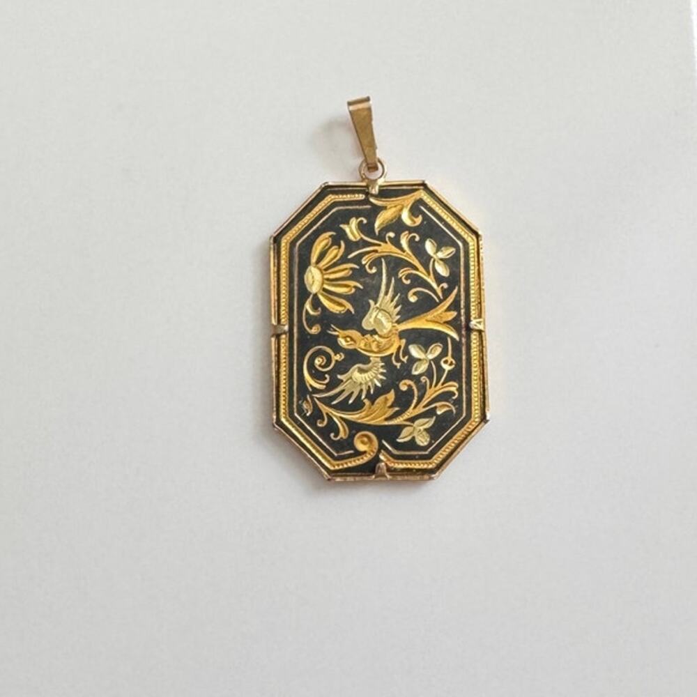 Vintage Damascene‎ Bird With Flowers Gold Plated Pendant - Picture 4 of 7